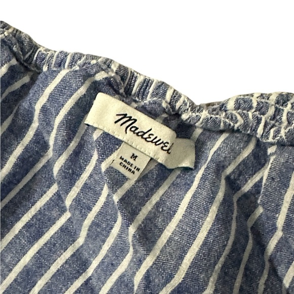 MADEWELL One Shoulder Blue White Striped Ruffle Linen Dress w Pockets Size M - Picture 5 of 7
